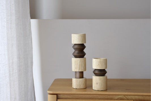 FORMA N2. CANDLE HOLDER. TRAVERTINE AND METAL