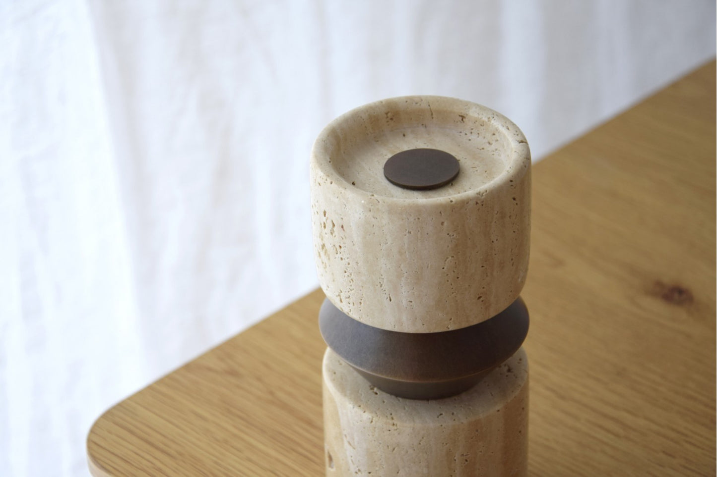 FORMA N2. CANDLE HOLDER. TRAVERTINE AND METAL