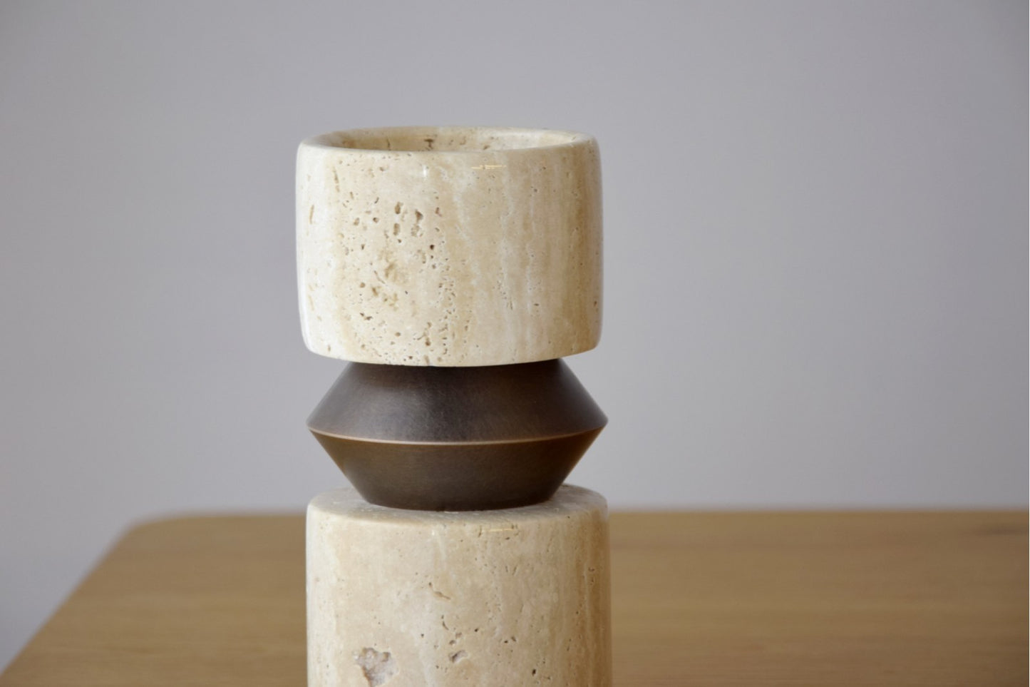 FORMA N2. CANDLE HOLDER. TRAVERTINE AND METAL