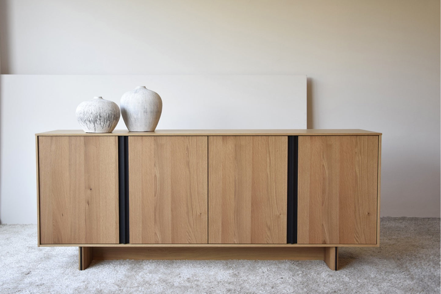 SIDEBOARD. NATURAL OAK AND BLACK METAL