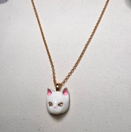 Colgante Gato Esmalte Blanco con Ojos de Cristal