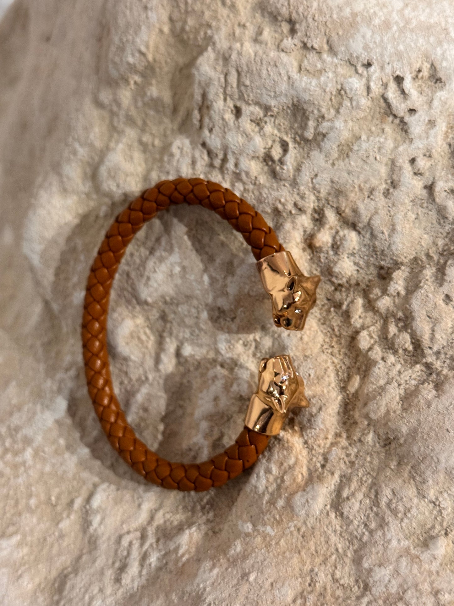 Bracelet Brown Leather Panther Gold Heads