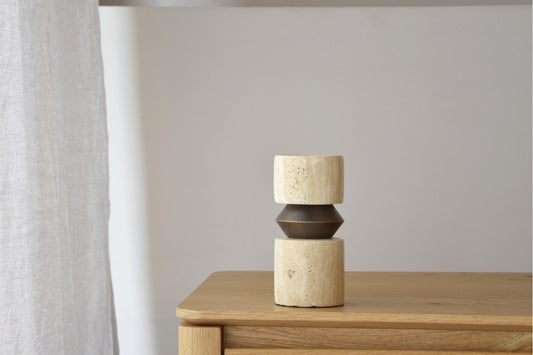 FORMA N2. CANDLE HOLDER. TRAVERTINE AND METAL