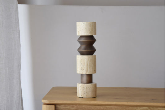 FORMA N1 CANDLE HOLDER. TRAVERTINE AND METAL.